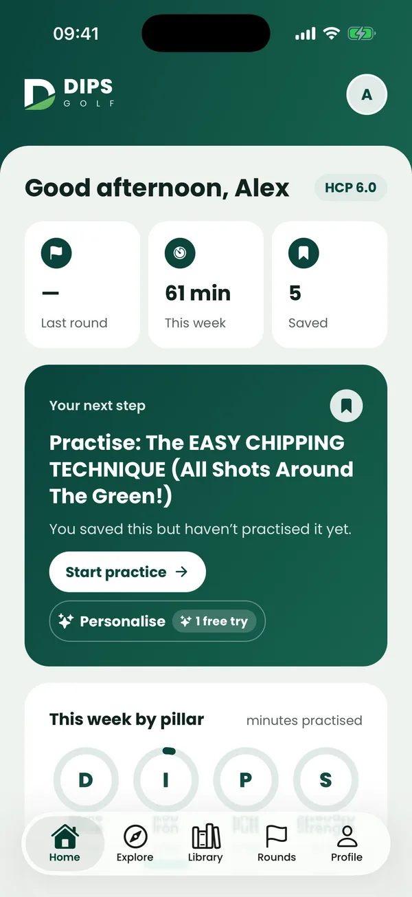 DIPS Golf home screen with your next step